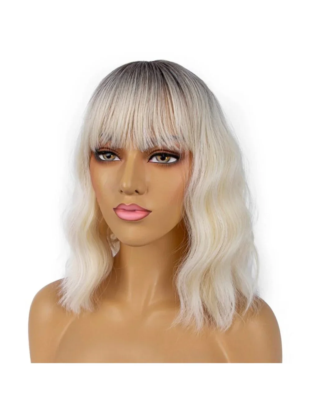 Women's Blonde Ombre Shoulder Length Synthetic Loose Wavy Short Bob Wigs Bangs